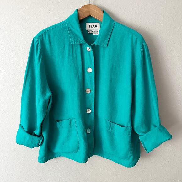 Flax Abalone Teal 100% Linen Button Up Shirt Jacket Women's Size Medium - Picture 6 of 8
